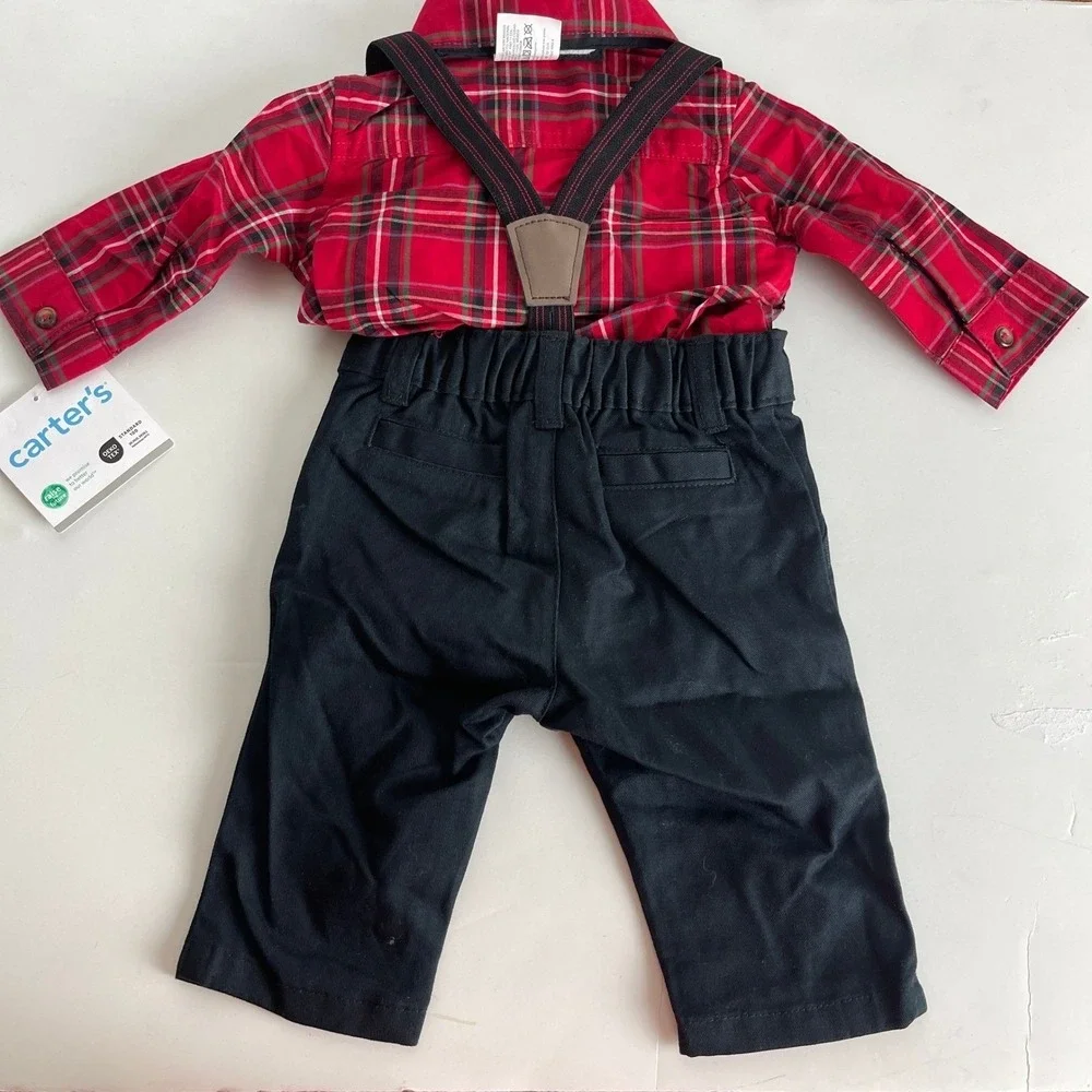 Carters Baby Boys 12M 4-Piece Plaid Shirt Suspenders Pants Bow Tie Set Red Black